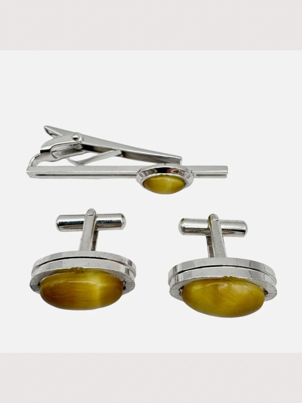 Vintage Yellow Cats Eye Cufflinks Tie Clip Set Silver Tone Japan Mens Formal Box